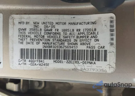 2006 Toyota Corolla Le from USA, damaged, VIN 1NXBR32E06Z569453